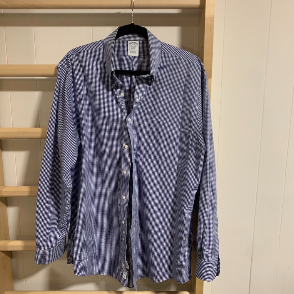 Brooks Brothers: Regent Fit Button Down White Blue Checked | Size: 17-35
